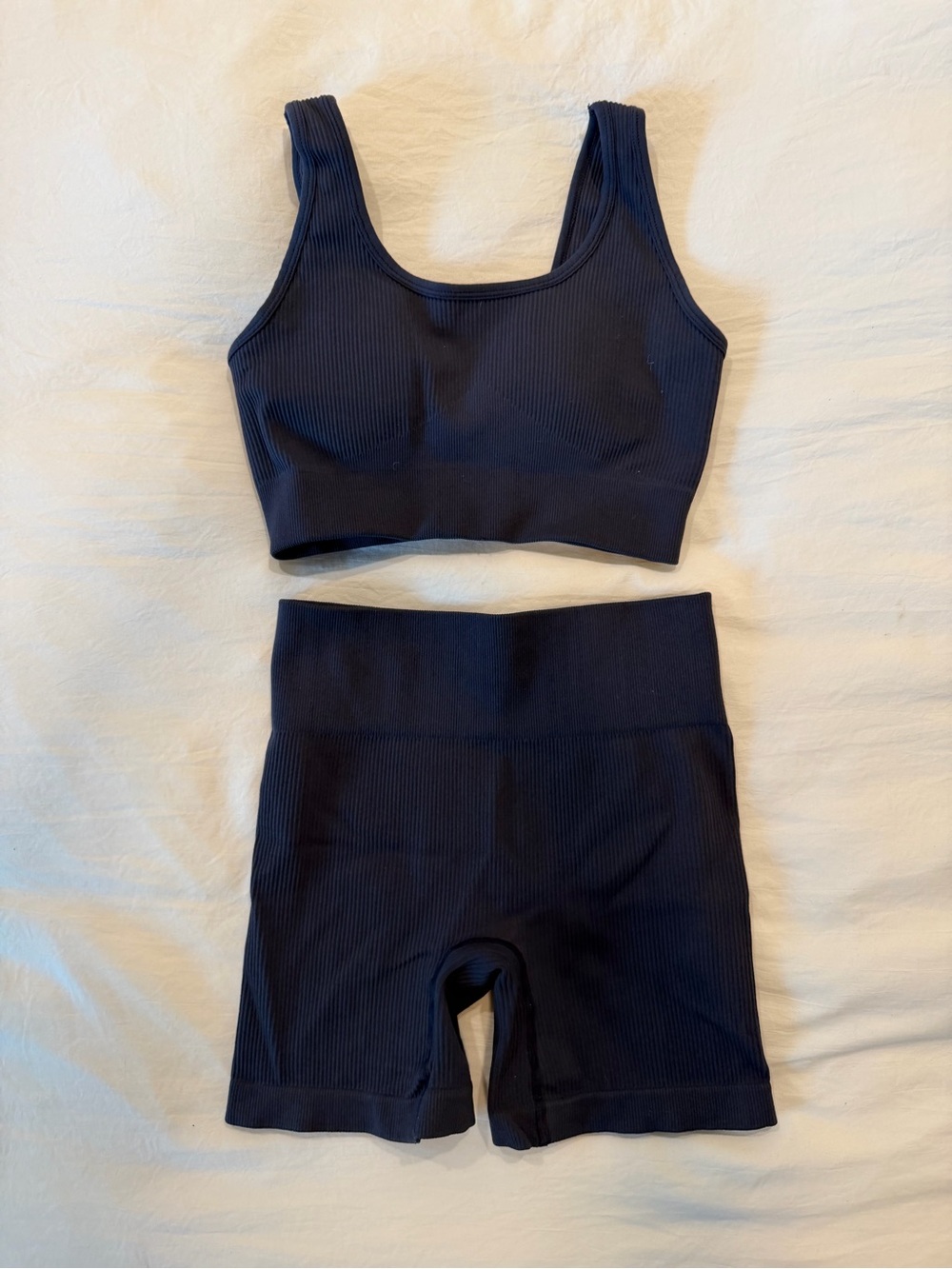 Seamless Ribbed Sports Bra & High-Waist Bike Shorts Set - Navy